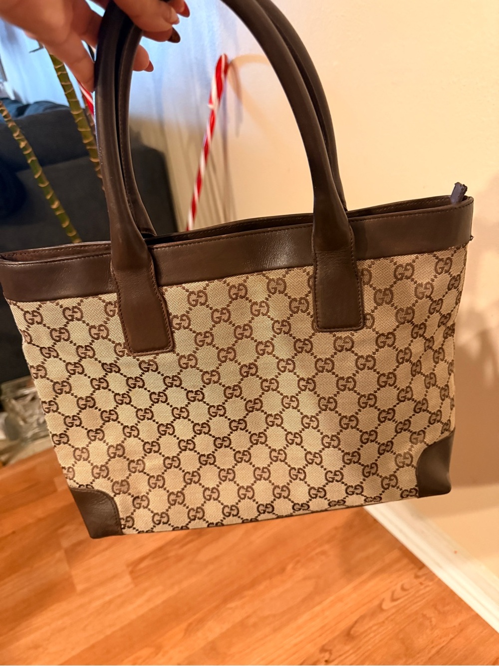 Gucci Brown Monogram GG Canvas Tote with Dark Brown Leather Trim